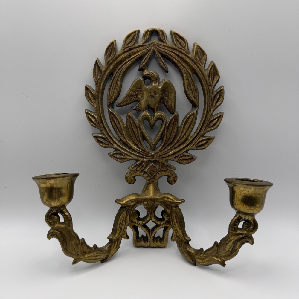 Vintage Brass Eagle Wall Sconce Federal Style Double Taper Candle Holder Heart